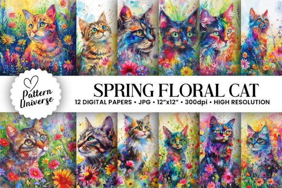 Charming Watercolor Spring Floral Cat Backgrounds for Creatives