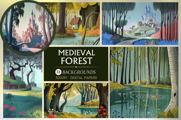 Medieval Forest & Castles: 32 Whimsical Digital Papers