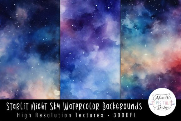 Starlit Night Sky Watercolor Backgrounds for Creative Projects